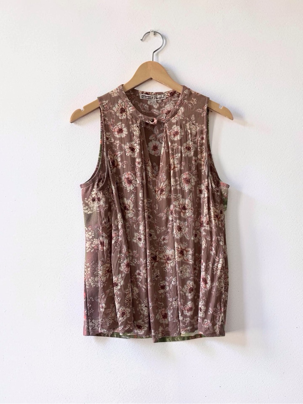 Gypsies & Moondust Floral Crinkle Sleeveless V-Neck Tank Top Brown Pink Large - Picture 2 of 10
